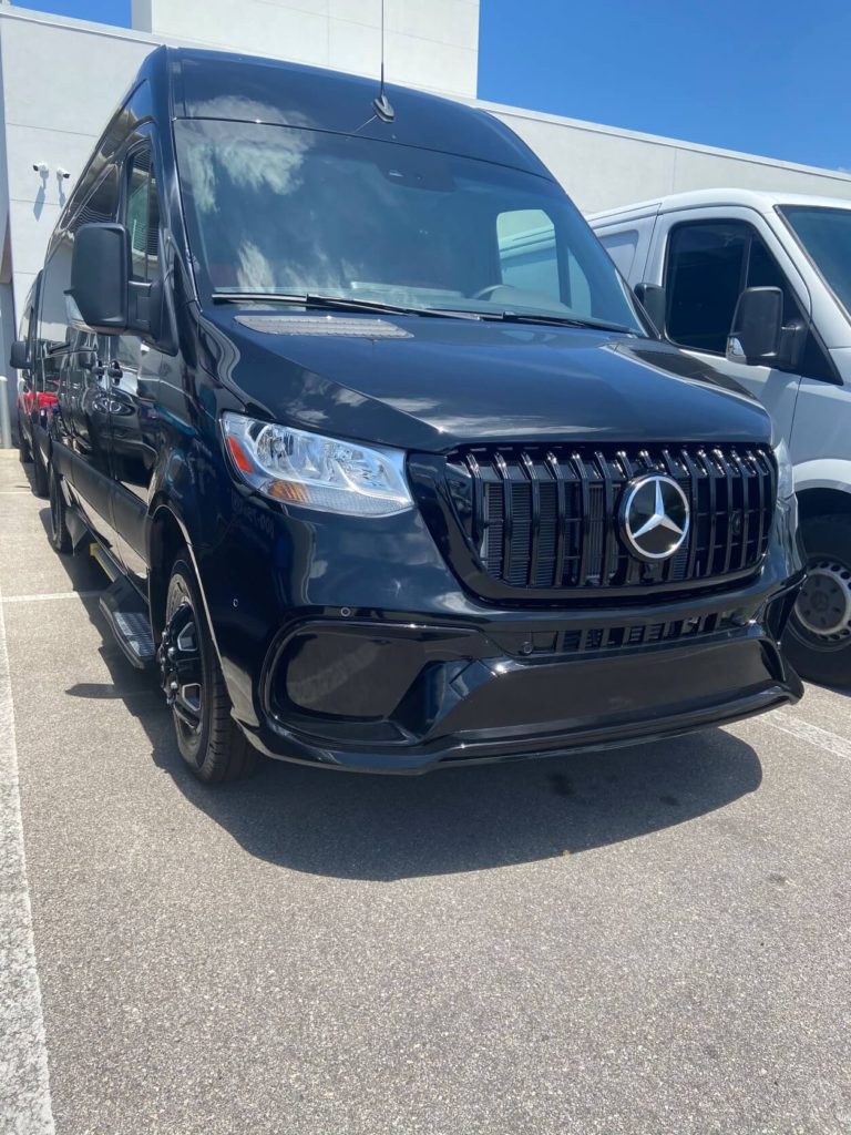 Black Mercedes Sprinter van exterior, custom conversion by Luxury Group Mfg