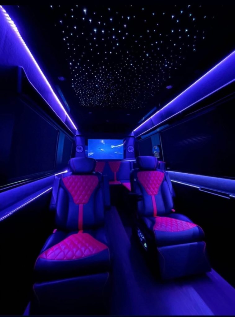 Purple LED-lit van conversion interior with magenta diamond-quilted captain chairs and starlight ceiling