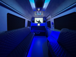 Van conversion cabin with blue LED lighting and branded entertainment screen