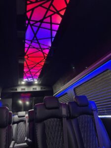 Van conversion interior with blue LED ambient lighting